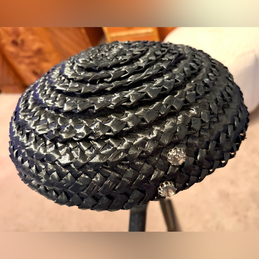 Vintage 1950s Black Saucer Mushroom Brim Straw Hat W/ Rhinestones
